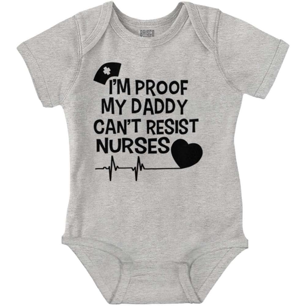 imageBrisco Brands Proof Daddy Cant Resist Nurses Heart Baby Romper Boys or GirlsHeather