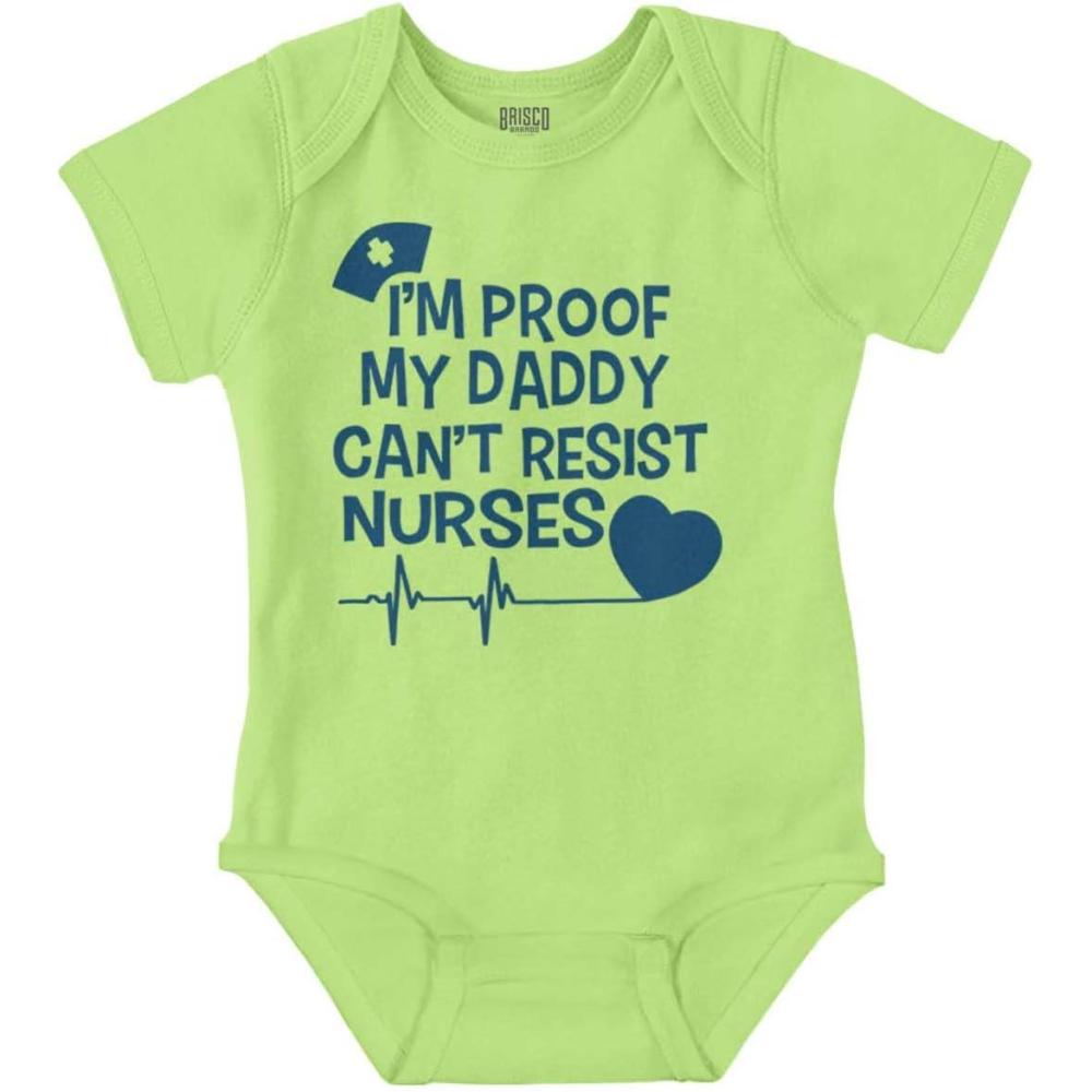 imageBrisco Brands Proof Daddy Cant Resist Nurses Heart Baby Romper Boys or GirlsKey Lime