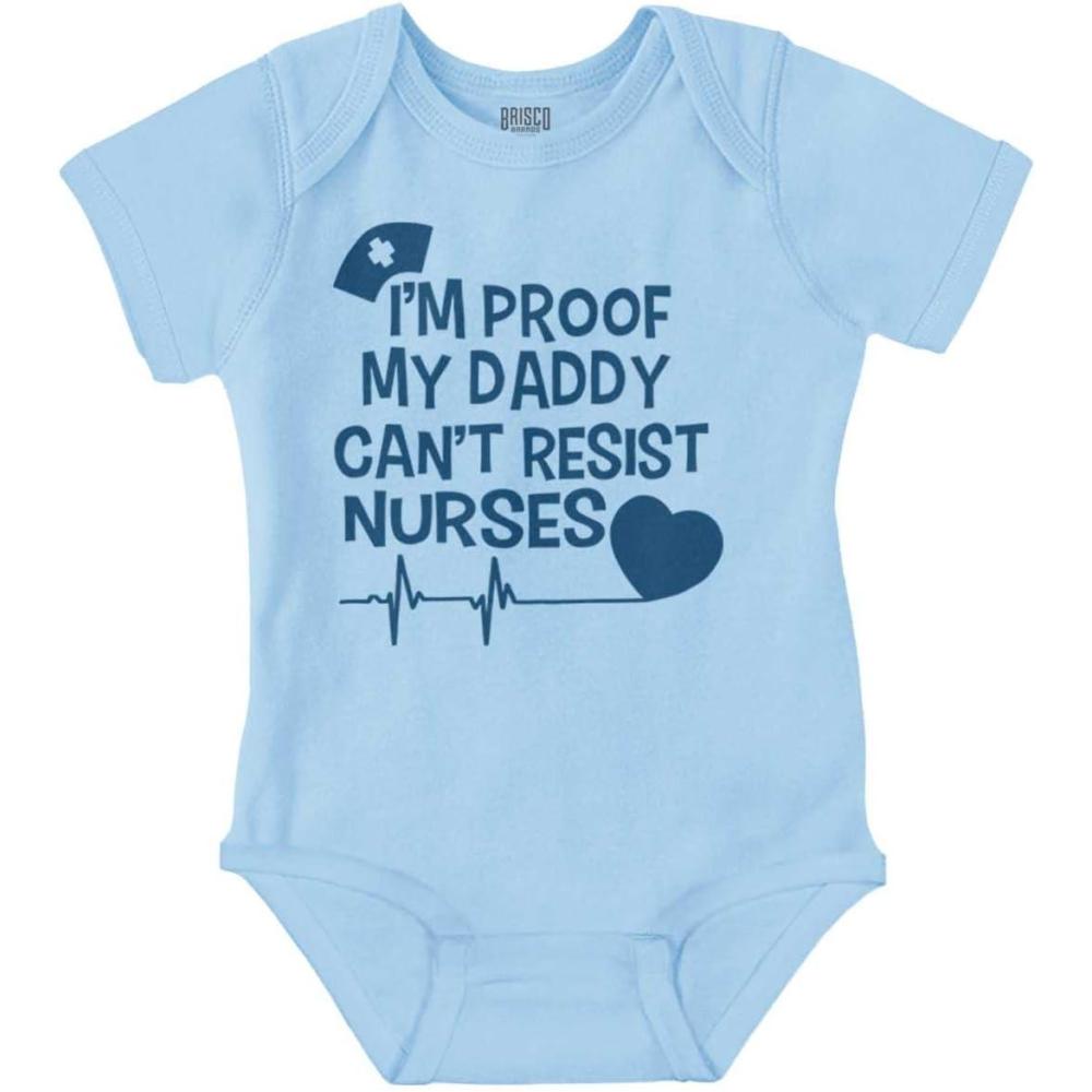 imageBrisco Brands Proof Daddy Cant Resist Nurses Heart Baby Romper Boys or GirlsLight Blue
