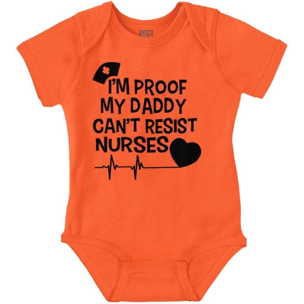 imageBrisco Brands Proof Daddy Cant Resist Nurses Heart Baby Romper Boys or GirlsOrange