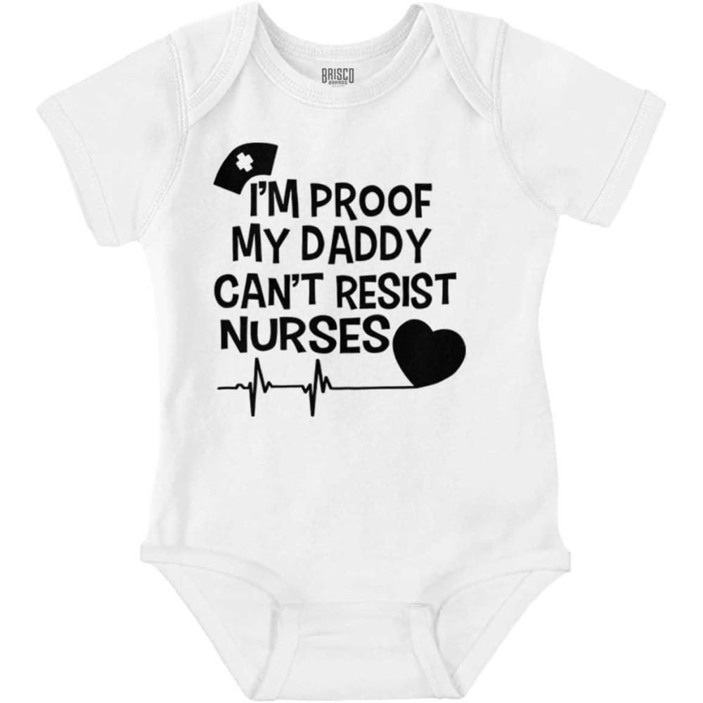 imageBrisco Brands Proof Daddy Cant Resist Nurses Heart Baby Romper Boys or GirlsWhite