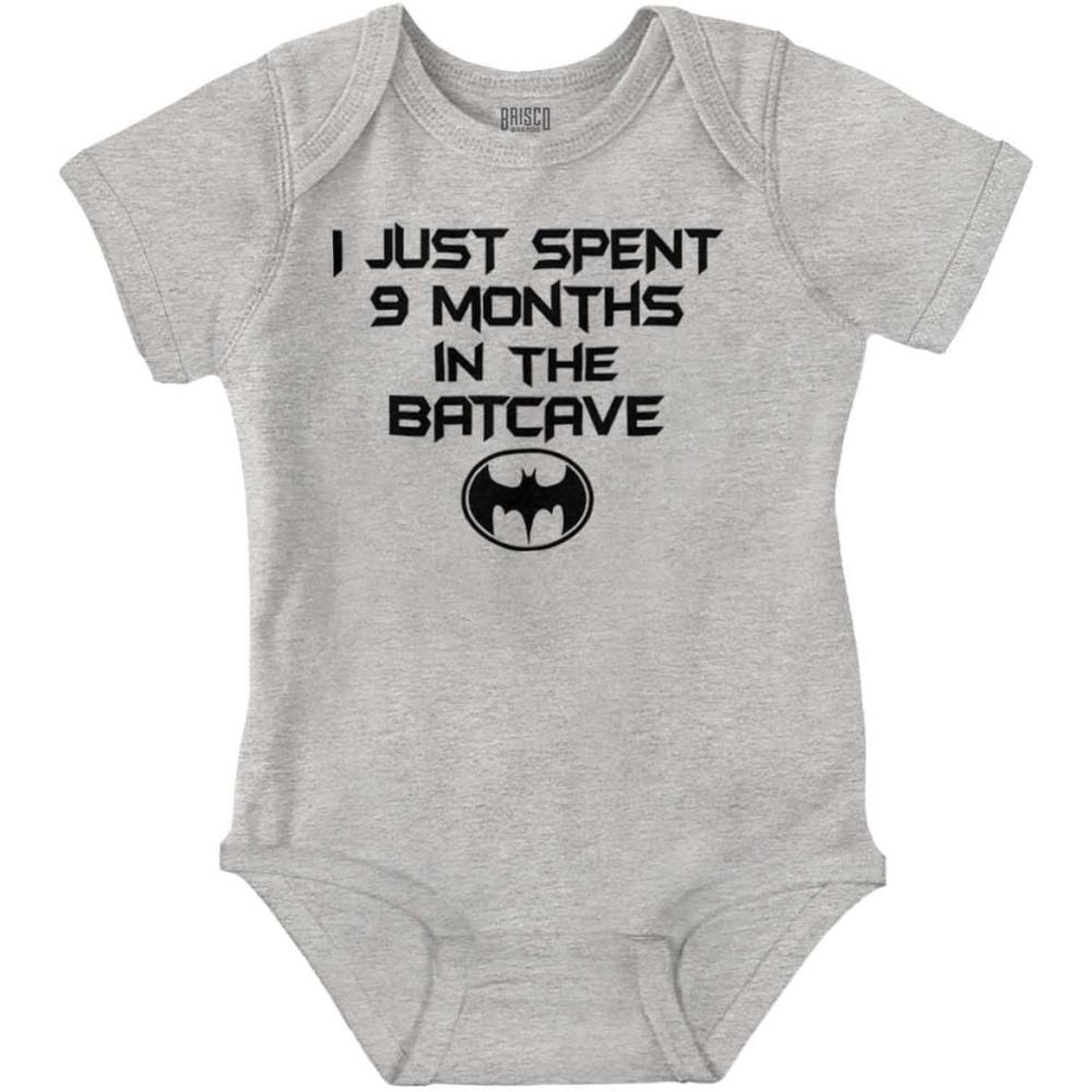 imageBrisco Brands Spent 9 Months in the Cave Superhero Baby Romper Boys or GirlsHeather