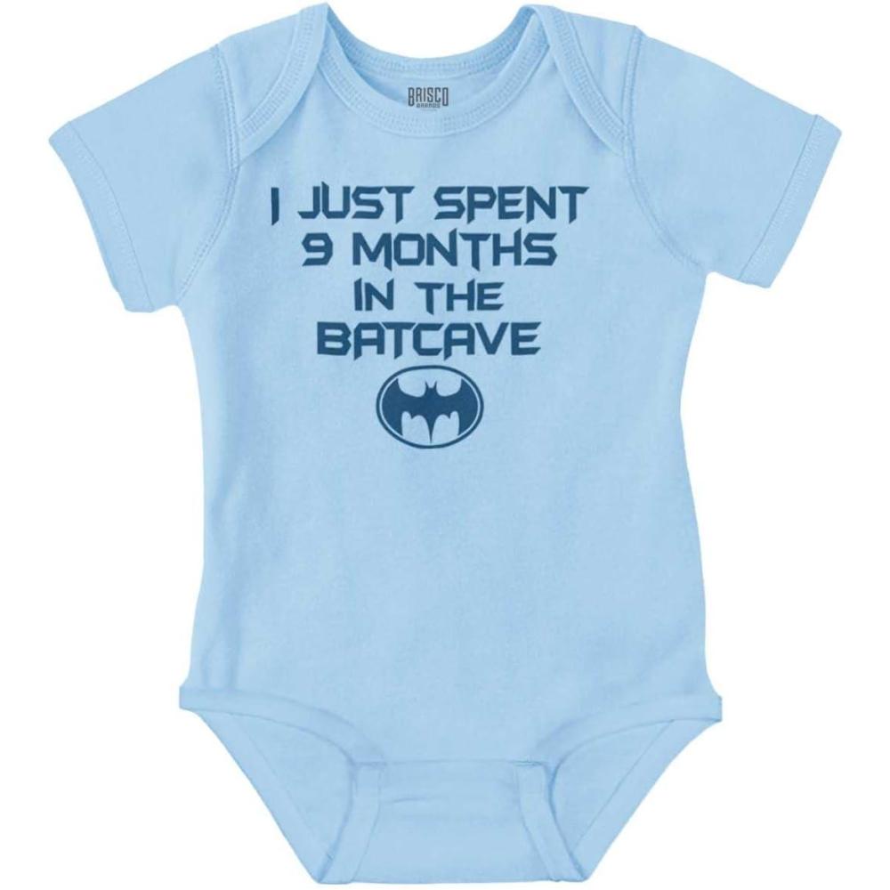 imageBrisco Brands Spent 9 Months in the Cave Superhero Baby Romper Boys or GirlsLight Blue