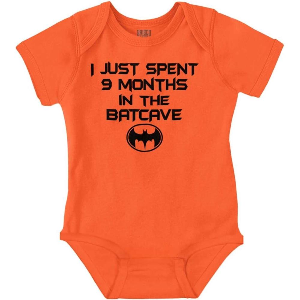 imageBrisco Brands Spent 9 Months in the Cave Superhero Baby Romper Boys or GirlsOrange