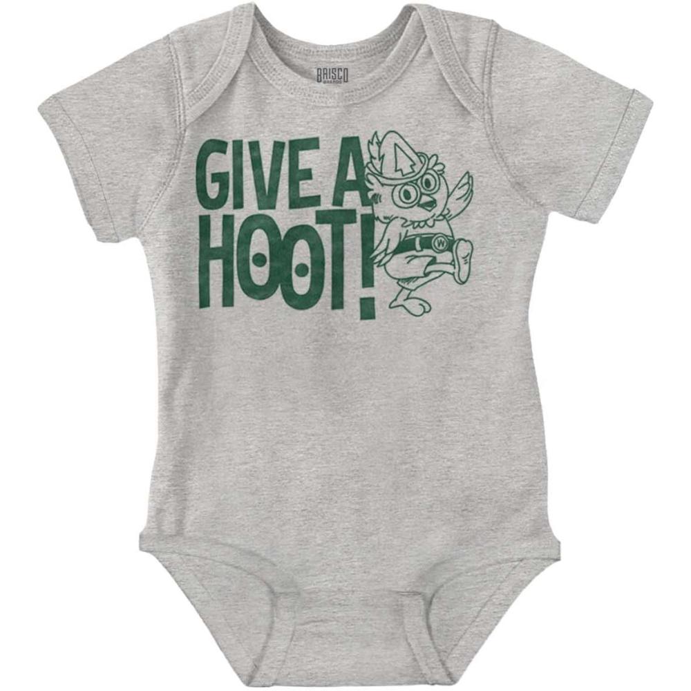imageBrisco Brands Woodsy Owl Slogan Give a Hoot Baby Romper Boys or GirlsHeather
