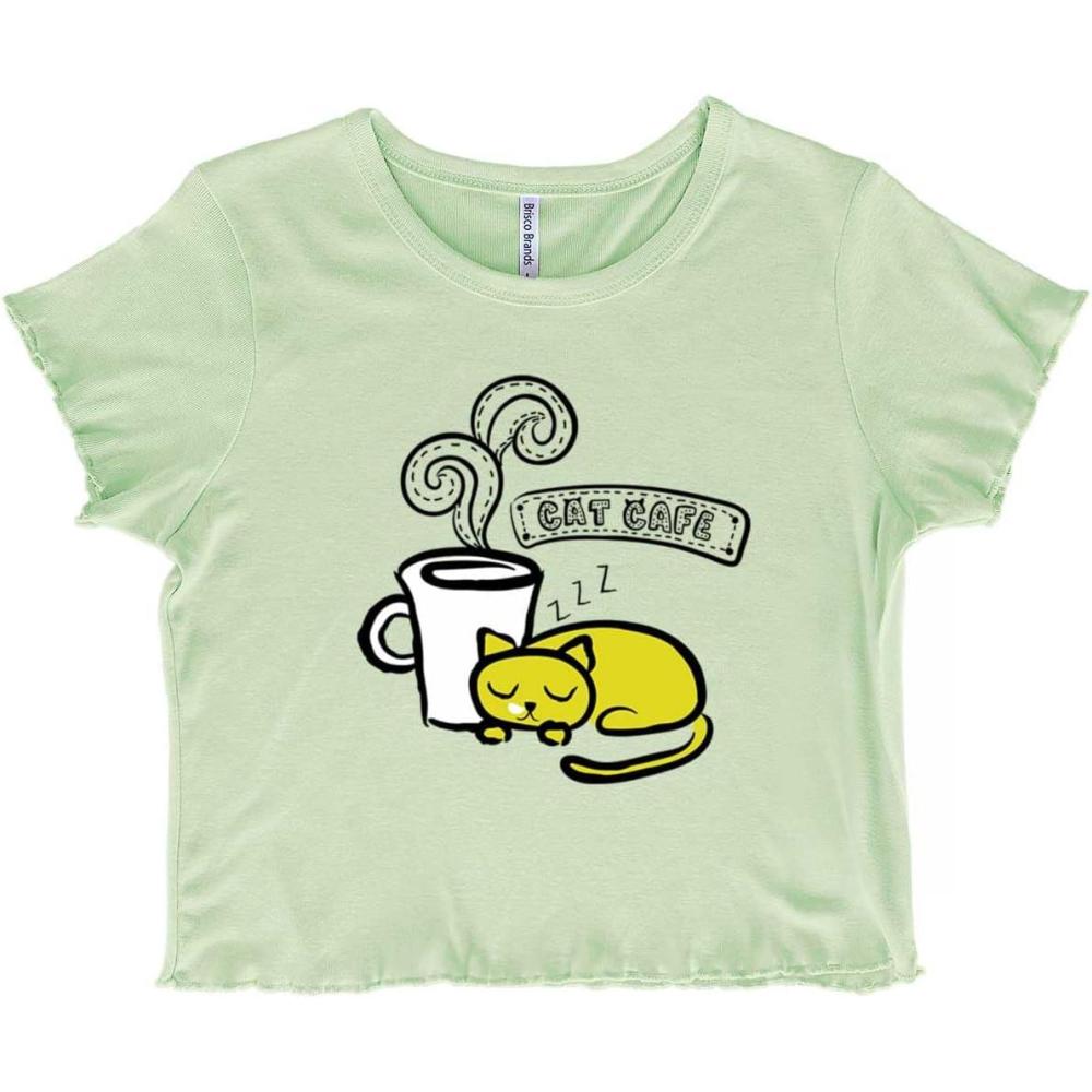 imageCaturday Crazy Cat Lady Coffee Lover Juniors Lettuce Trim Crop Top Womens Baby TeeMint Green