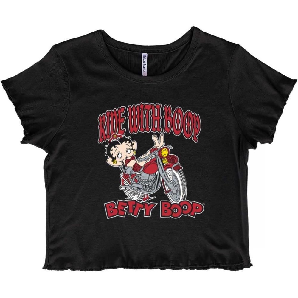 imageCool Betty Boop Biker Ride Cartoon Juniors Lettuce Trim Crop Top Womens Baby TeeBlack