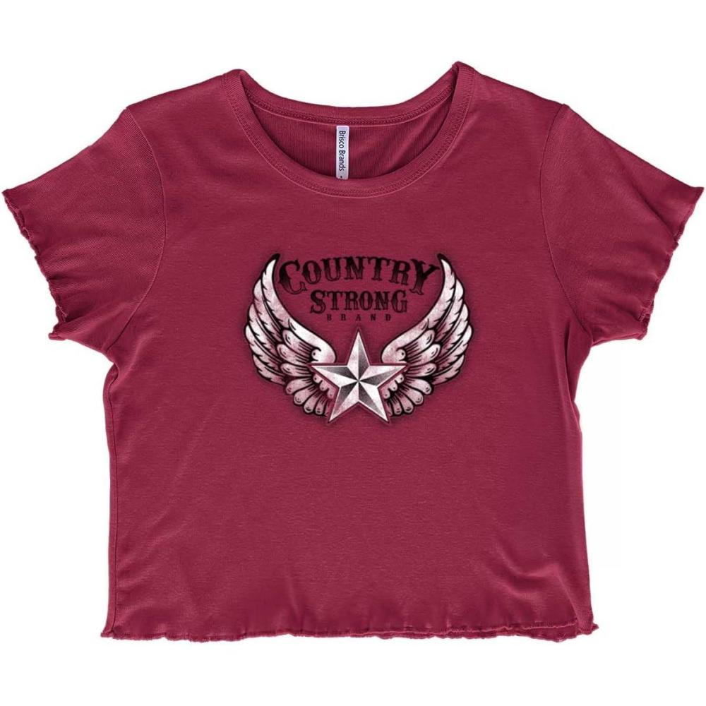 imageCountry Strong Cute Angels Wings Star Juniors Lettuce Trim Crop Top Womens Baby TeeBurgundy