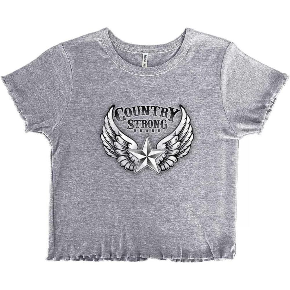 imageCountry Strong Cute Angels Wings Star Juniors Lettuce Trim Crop Top Womens Baby TeeSport Grey