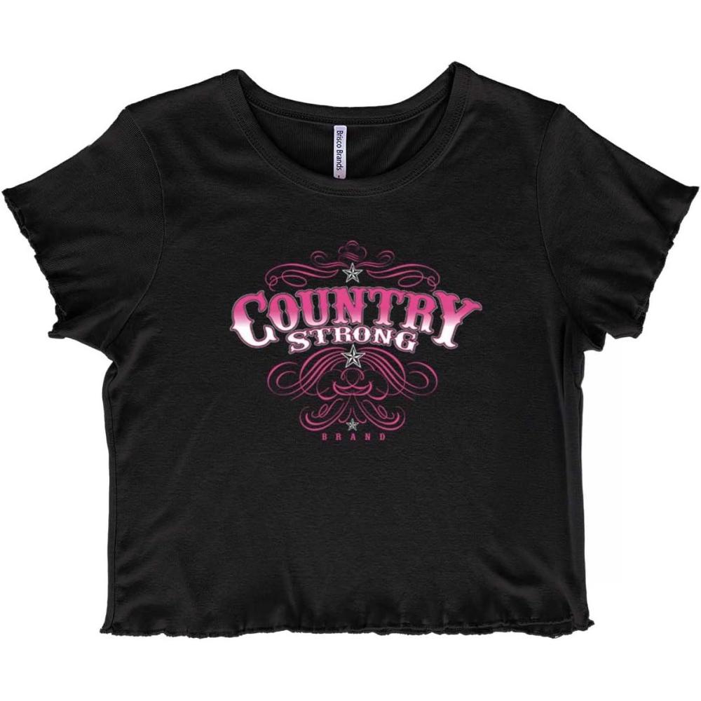 imageCountry Strong Western Stars Cowgirl Juniors Lettuce Trim Crop Top Womens Baby TeeBlack