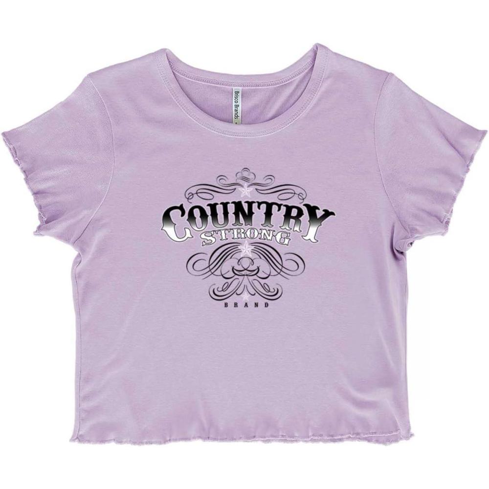 imageCountry Strong Western Stars Cowgirl Juniors Lettuce Trim Crop Top Womens Baby TeeOrchid