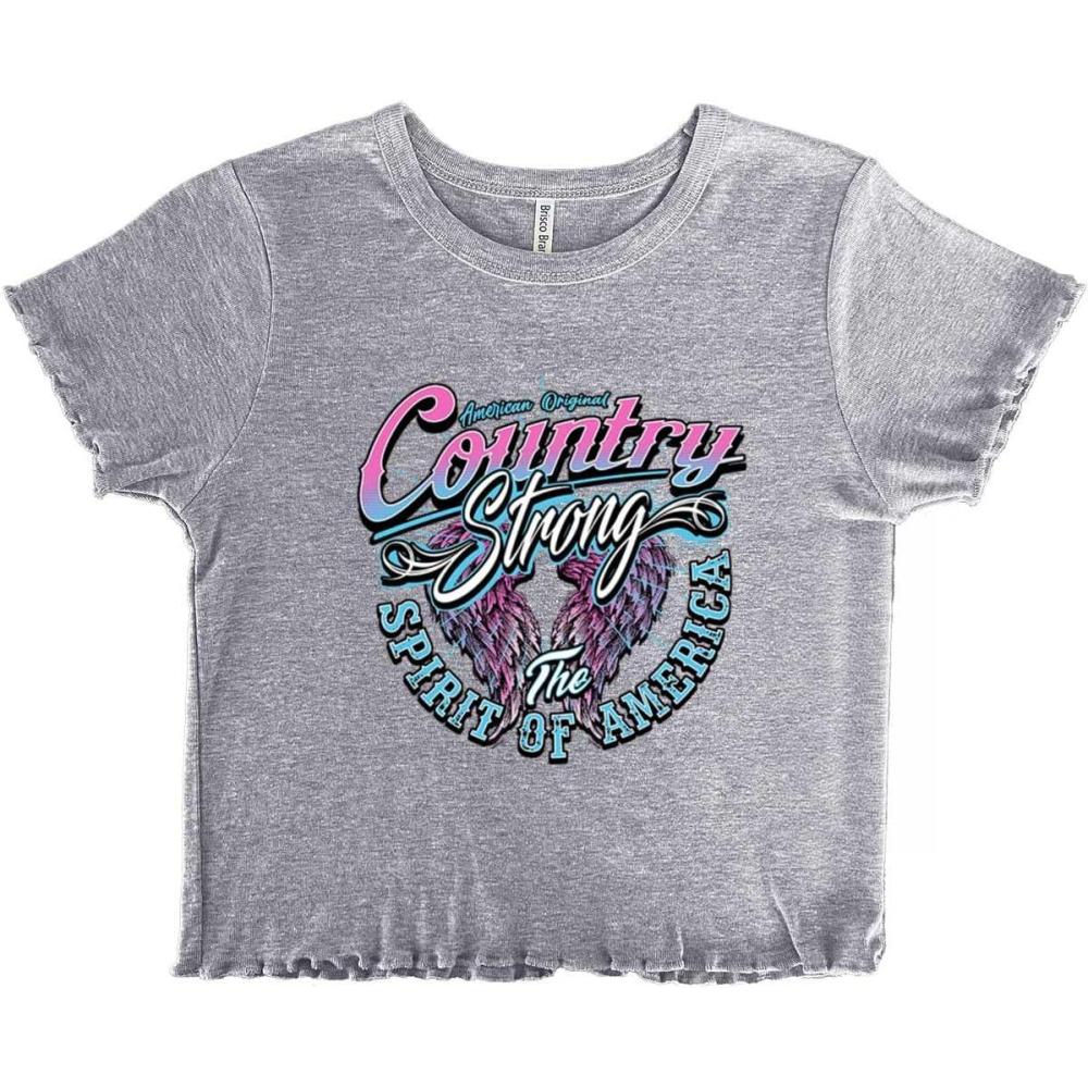 imageCute Spirit of America Angel Wings Juniors Lettuce Trim Crop Top Womens Baby TeeSport Grey