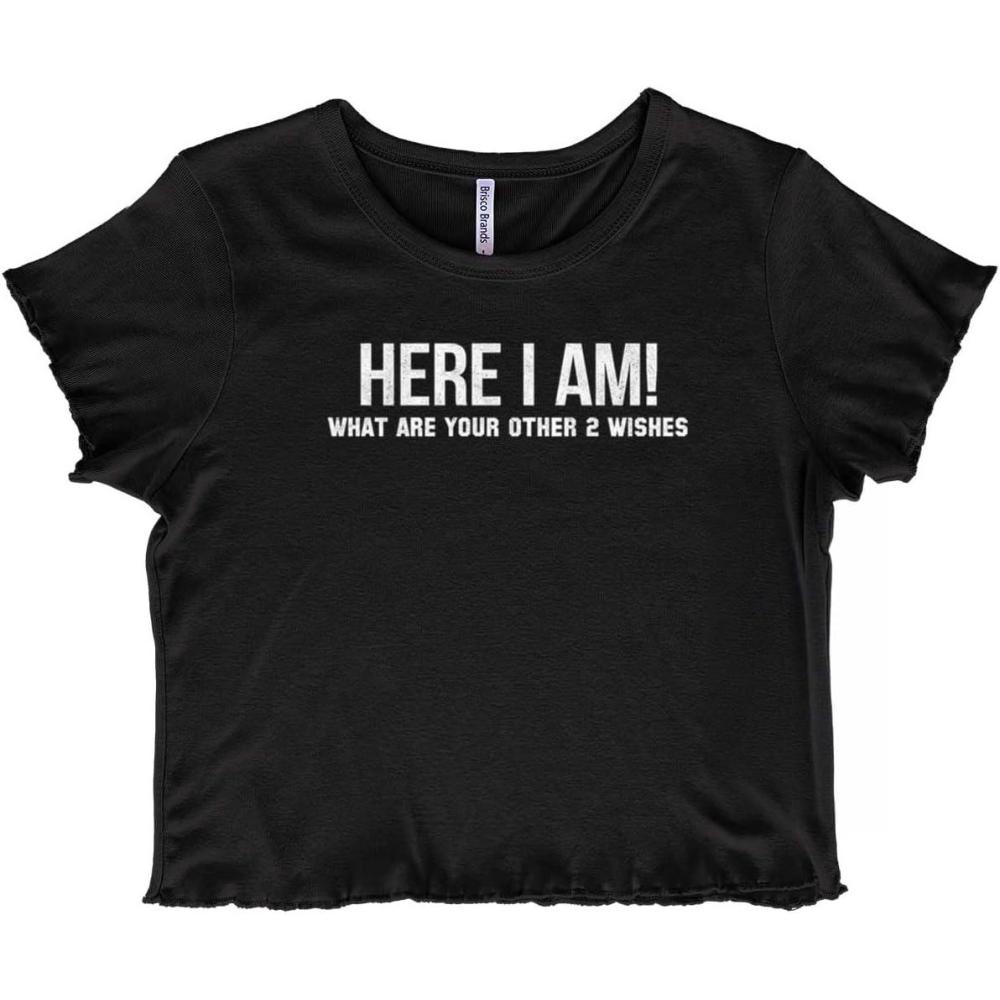 imageFunny Here I Am Genie Wishes Joke Juniors Lettuce Trim Crop Top Womens Baby TeeBlack