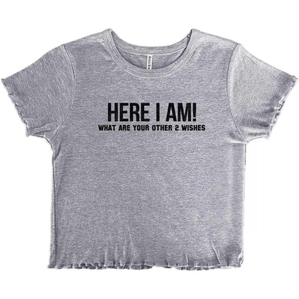 imageFunny Here I Am Genie Wishes Joke Juniors Lettuce Trim Crop Top Womens Baby TeeSport Grey