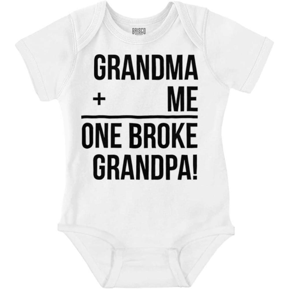imageGrandma Plus Me Is One Broke Grandpa Baby Romper Boys or GirlsWhite