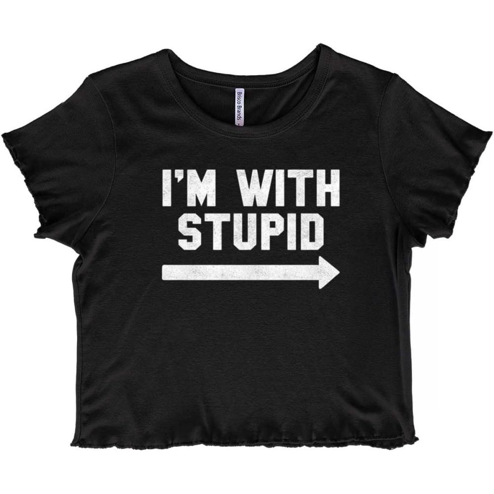 imageIm with Stupid Classic Rude Insult Juniors Lettuce Trim Crop Top Womens Baby TeeBlack