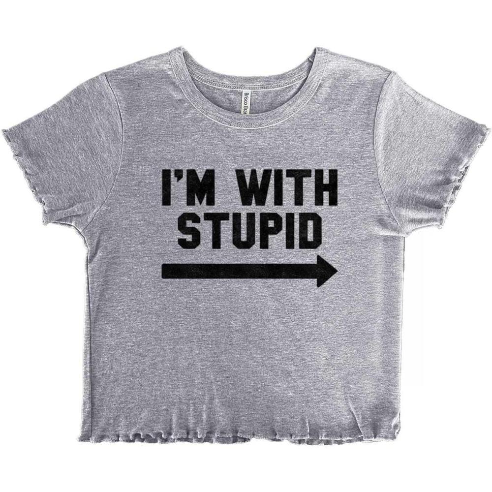 imageIm with Stupid Classic Rude Insult Juniors Lettuce Trim Crop Top Womens Baby TeeSport Grey