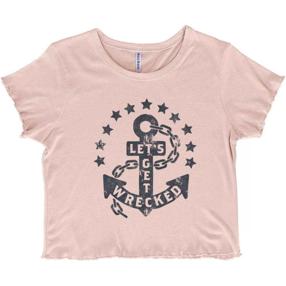 imageLets Get Wrecked Summer Beach Anchor Juniors Lettuce Trim Crop Top Womens Baby TeeBlush