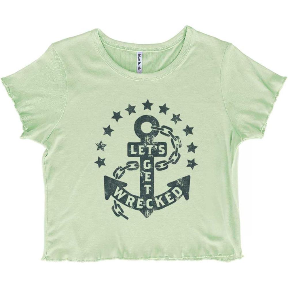 imageLets Get Wrecked Summer Beach Anchor Juniors Lettuce Trim Crop Top Womens Baby TeeMint Green