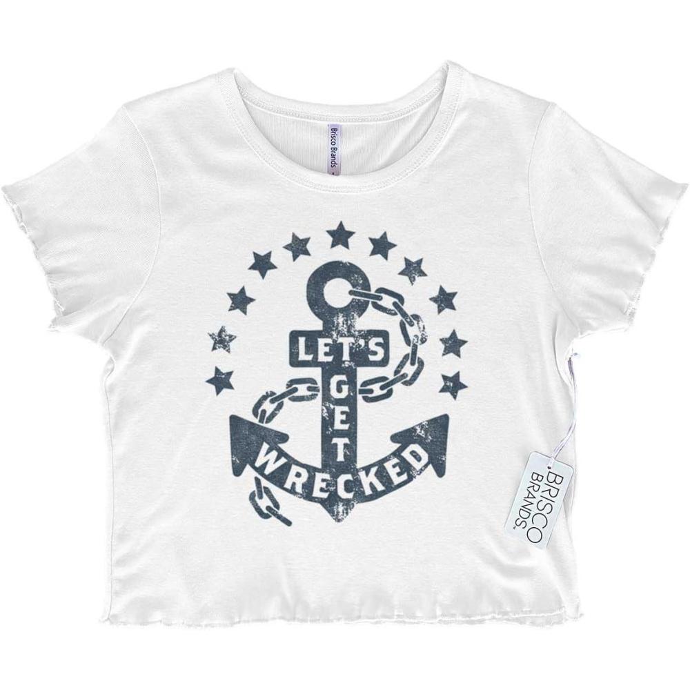 imageLets Get Wrecked Summer Beach Anchor Juniors Lettuce Trim Crop Top Womens Baby TeeWhite