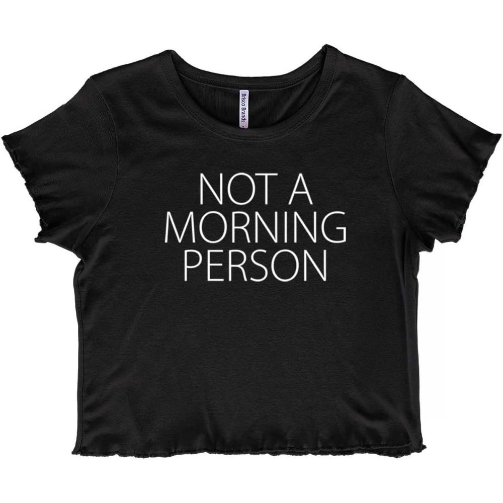 imageNot a Morning Person Lazy Day Juniors Lettuce Trim Crop Top Womens Baby TeeBlack