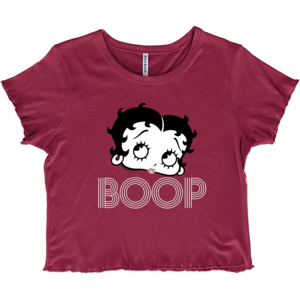 imageRetro Betty Boop Cartoon Character Juniors Lettuce Trim Crop Top Womens Baby TeeBurgundy