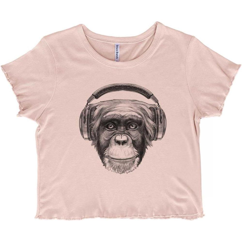 imageSmile Monkey Headphones Hipster Funny Juniors Lettuce Trim Crop Top Womens Baby TeeBlush