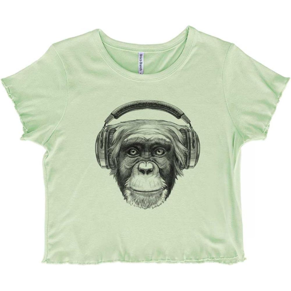 imageSmile Monkey Headphones Hipster Funny Juniors Lettuce Trim Crop Top Womens Baby TeeMint Green