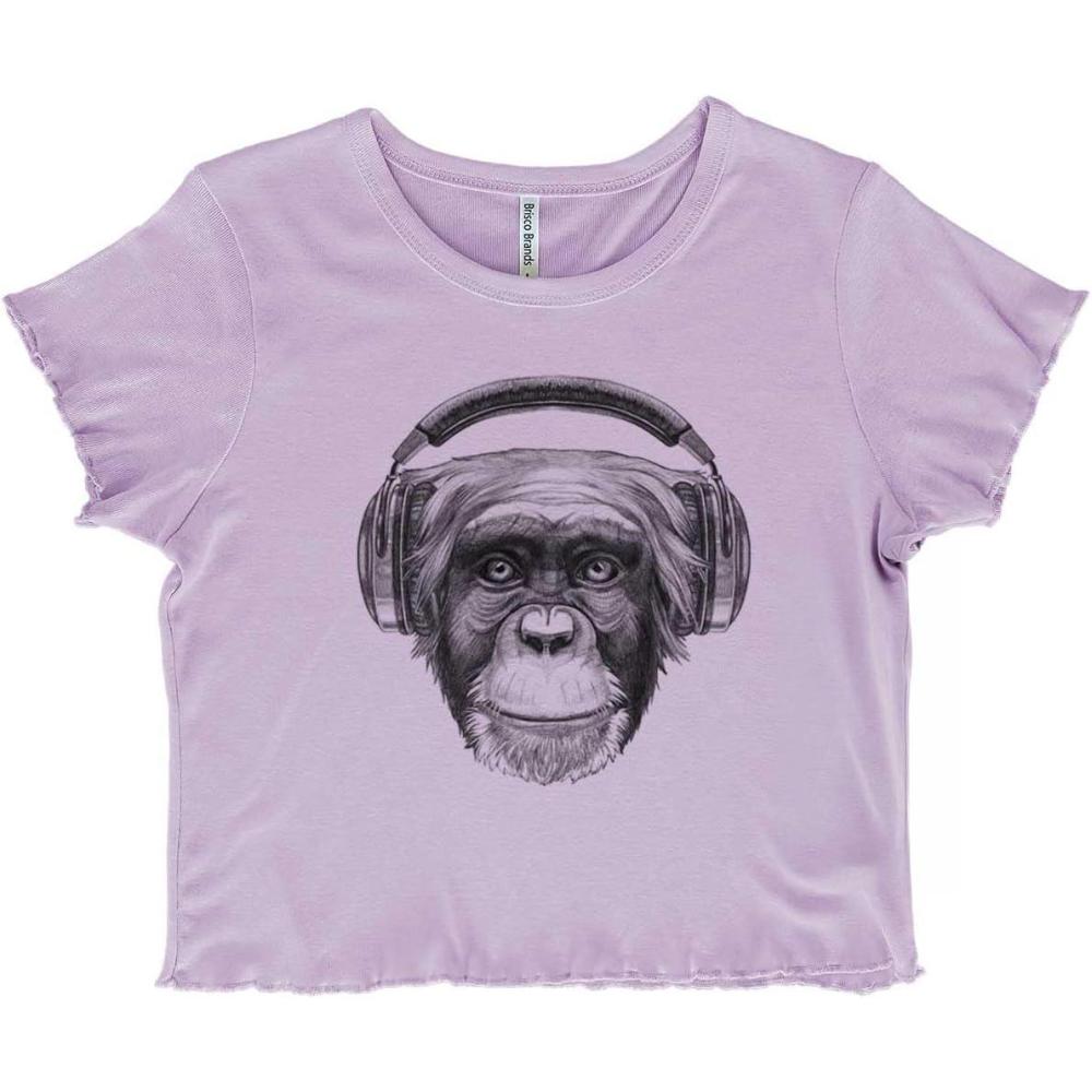 imageSmile Monkey Headphones Hipster Funny Juniors Lettuce Trim Crop Top Womens Baby TeeOrchid