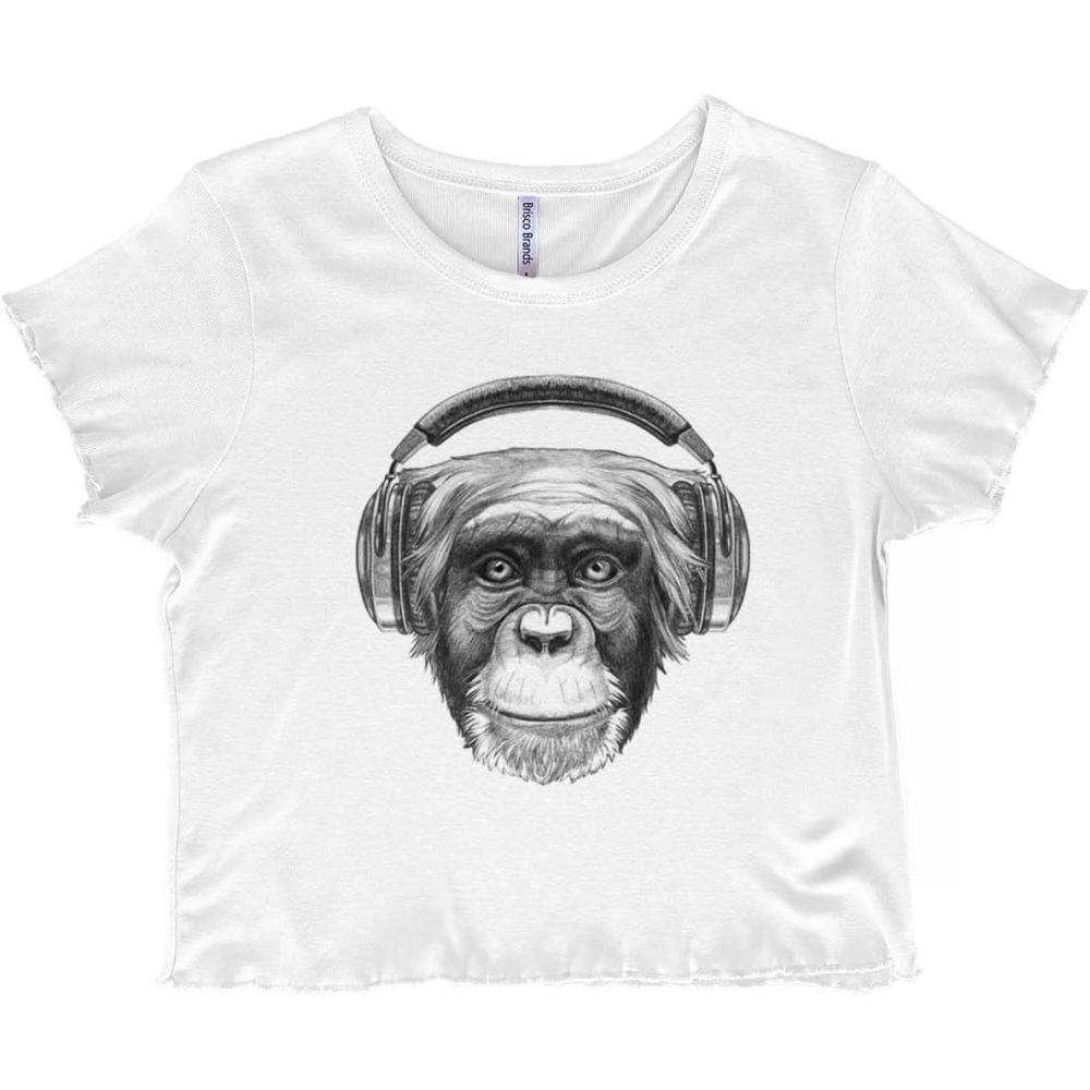 imageSmile Monkey Headphones Hipster Funny Juniors Lettuce Trim Crop Top Womens Baby TeeWhite
