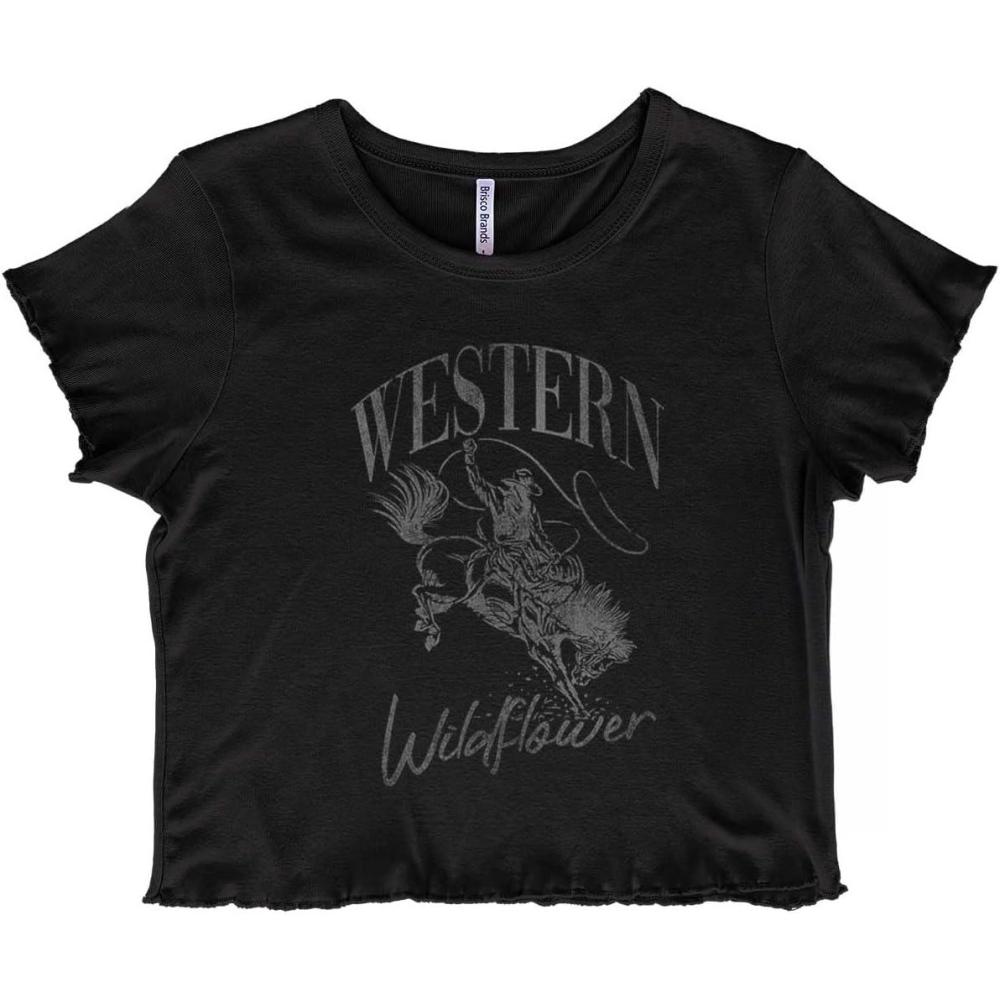 imageVintage Cowboy Western Wildflower Juniors Lettuce Trim Crop Top Womens Baby TeeBlack