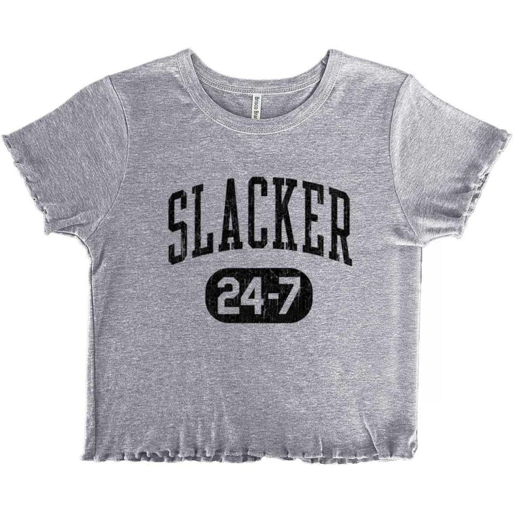 imageVintage Retro Slacker 90s Throwback Juniors Lettuce Trim Crop Top Womens Baby TeeSport Grey