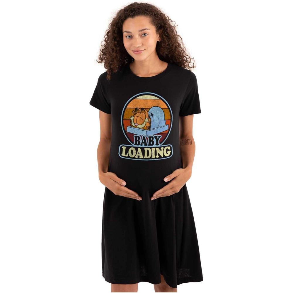 imageWomens Maternity Retro Garfield Cartoon Baby Loading Pregnancy DressBlack
