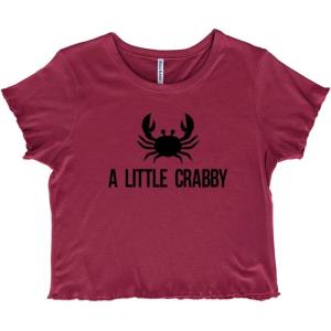 A Little Crabby Cranky Beach Lover Juniors Lettuce Trim Crop Top Womens Baby Tee(Burgundy)