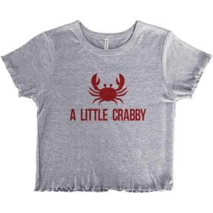 A Little Crabby Cranky Beach Lover Juniors Lettuce Trim Crop Top Womens Baby Tee(Sport Grey)