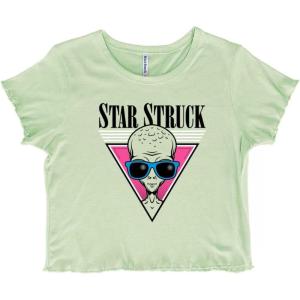 Alien Sunglasses Cool Funny UFOs Juniors Lettuce Trim Crop Top Womens Baby Tee(Mint Green)