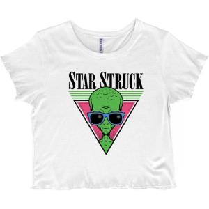 Alien Sunglasses Cool Funny UFOs Juniors Lettuce Trim Crop Top Womens Baby Tee(White)