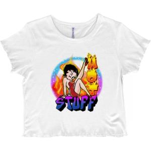 Betty Boop Air Brushed Hot Stuff Juniors Lettuce Trim Crop Top Womens Baby Tee(White)