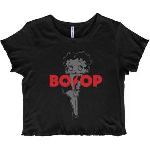Betty Boop Cartoon Lighting Strike Juniors Lettuce Trim Crop Top Womens Baby Tee(Black)
