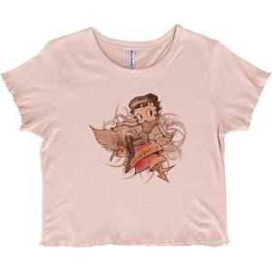 Betty Boop Cartoon Love Hurts Tattoo Juniors Lettuce Trim Crop Top Womens Baby Tee(Blush)