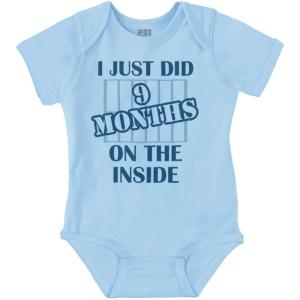 Brisco Brands 9 Months Inside Resisting A Rest Funny Baby Romper Boys or Girls(9 Months Inside – Light Blue)