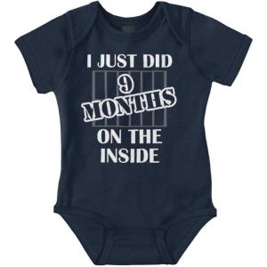 Brisco Brands 9 Months Inside Resisting A Rest Funny Baby Romper Boys or Girls(9 Months Inside – Navy)