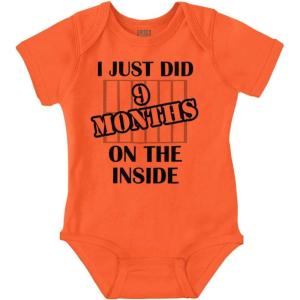 Brisco Brands 9 Months Inside Resisting A Rest Funny Baby Romper Boys or Girls(9 Months Inside – Orange)