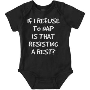 Brisco Brands 9 Months Inside Resisting A Rest Funny Baby Romper Boys or Girls(Resisting a Rest – Black)