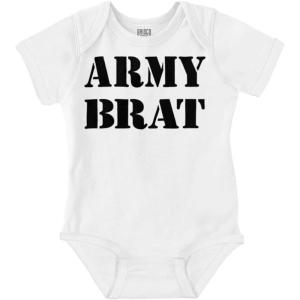 Brisco Brands Army Brat Funny Military USA Child Baby Romper Boys or Girls(White)