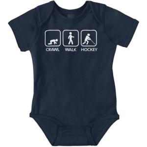 Brisco Brands Crawl Walk Hockey Street Sign Humor Baby Romper Boys or Girls(Navy)