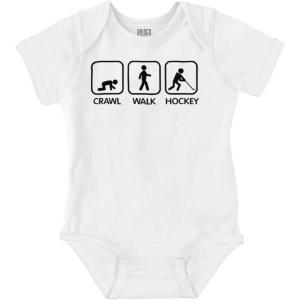Brisco Brands Crawl Walk Hockey Street Sign Humor Baby Romper Boys or Girls(White)