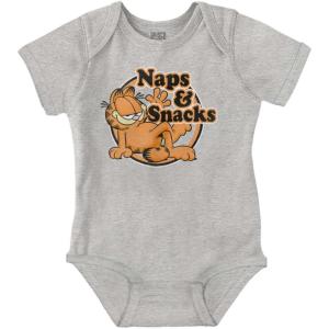 Brisco Brands Funny Garfield Cartoon Naps N Snacks Baby Romper Boys or Girls(Heather)
