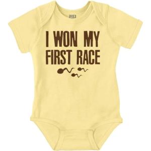 Brisco Brands Funny I Won My First Race Joke Baby Romper Boys or Girls(Banana)