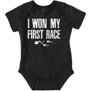 Brisco Brands Funny I Won My First Race Joke Baby Romper Boys or Girls(Black)